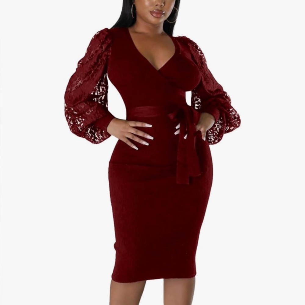 Elegant Burgundy Lace Sleeve Dress
